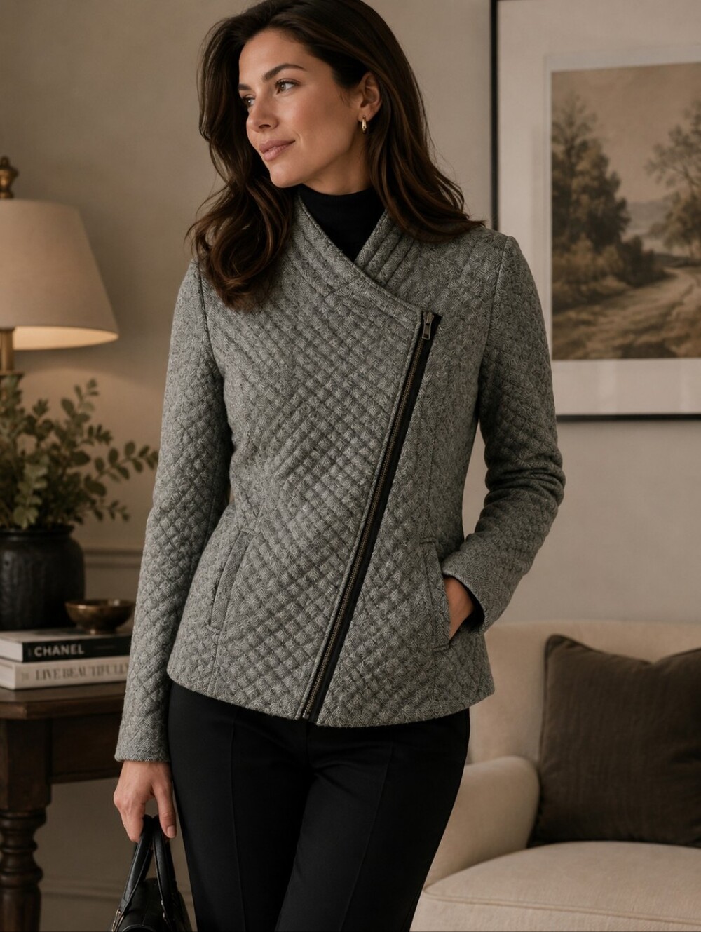 CAbi Gray Quilted Herringbone Asymmetrical Zip Jacket Medium Moto Chic